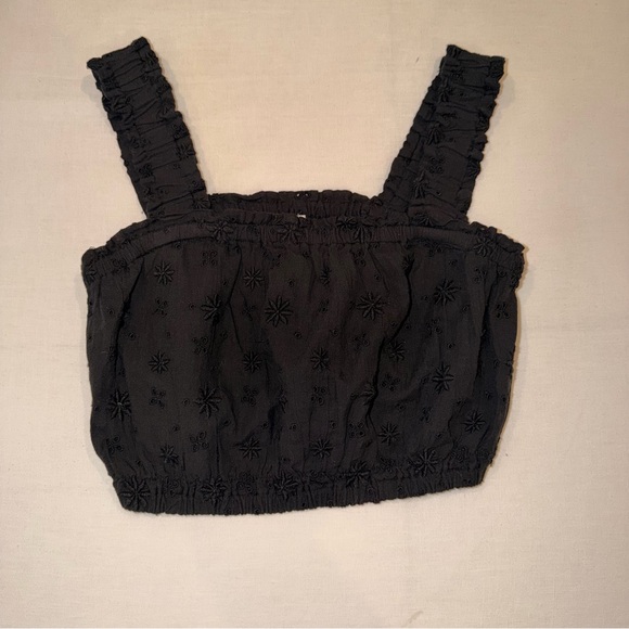 aerie Tops - aerie Black Smocked Eyelet Cropped Tank